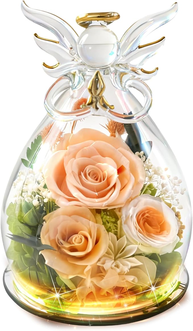 MOKOQI Valentines Day Gift for Her Birthday Gifts for Women | Forever Rose Preserved Flower in Glass Flowers for Delivery, Real Rose Angel Figurine for Mom Grandma Mother’s Day Christmas Gifts