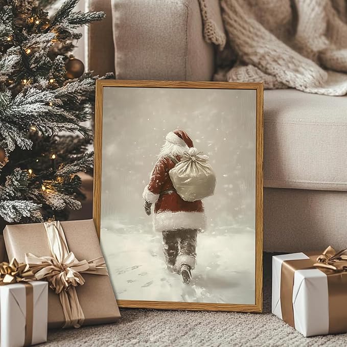 Framed Vintage Christmas Canvas Wall Art, Rustic Santa Claus Walking Snowy Wall Decor Paintings, Winter Holiday Aesthetics Pictures Print Christmas Home Decor for Living Room Bedroom 16x24inch