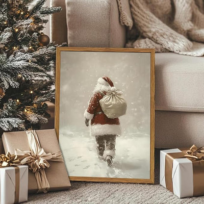 Framed Vintage Christmas Canvas Wall Art, Rustic Santa Claus Walking Snowy Wall Decor Paintings, Winter Holiday Aesthetics Pictures Print Christmas Home Decor for Living Room Bedroom 16x24inch