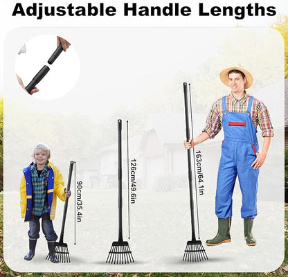 Small Rake for Leaves, 11 Metal Tines Narrow Leaf Rake, 60'' Leaf Rakes for Lawns with Adjustable Steel Handle for Camping Flower Beds Mulch Shrub, Black