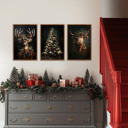 HLNIUC Dark Christmas Framed Wall Art Set,Vintage Christmas Highland Cow Canvas Wall Decorations,Modern Xmas Tree Reindeer Painting,Festive Winter Canvas Art Print for Living Room Office-16 x24 x3
