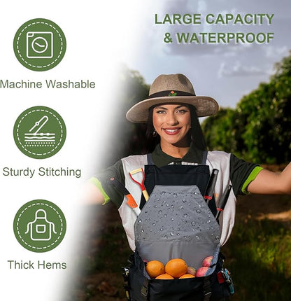 Gardening Apron Waterproof Cross Back Apron, Extra 600D Heavy Duty Apron Harvest and Large Quick Release Pockets