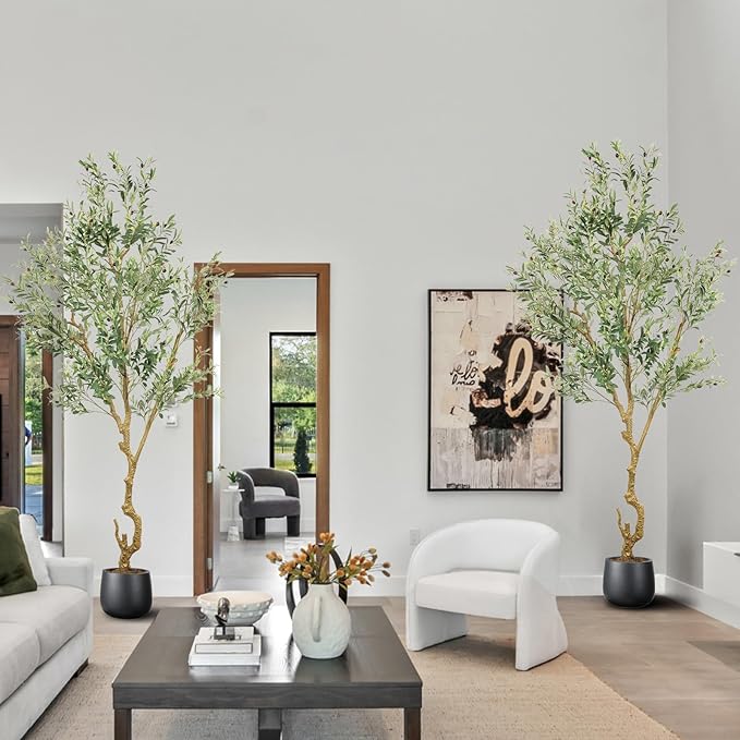 Artificial Fake Olive Tree 8FT Tall 2Pack Faux Silk Olive Tree for Home Living Room Office Decor Faux Artificial Plants Indoor Fake Potted Plants with Fruit & Free Moss