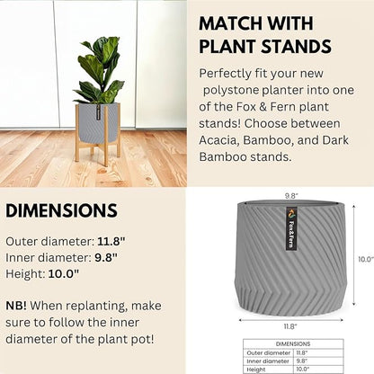 Fox & Fern Large 12 Inch Planter — Premium Polystone Gray Plant Pot with 3D Texture and Drainage Plug; 12 Inch Pots for Plants Indoor; Large Planter for Indoor & Outdoor Plants