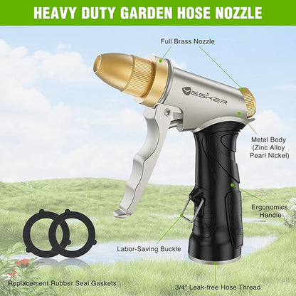 Yesker Garden Hose Nozzle Water Hose Sprayer Nozzle Adjustable 4 Spray Patterns Heavy Duty 100% Metal Brass Water Nozzles with Non-Slip Rubber Grip for Hose Outdoor Watering Plant Lawn Washing Car Pet
