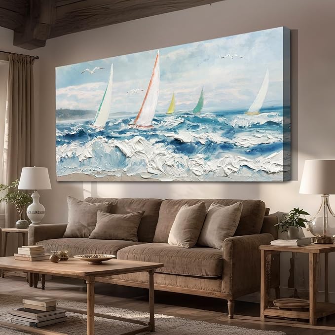 Enartly Wave 3D Textured Ocean Wall Art for Living Room Blue Seascape Sailboat Canvas Coastal Painting Artwork for Christmas Gift Bedroom Bathroom Home Office Wall Decor, Large 58"x29"