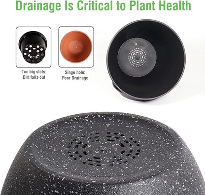 WOUSIWER Plant Pots 10/9/8 inch, Set of 3 Modern Decorative Plastic Planters with Drainage Holes and Saucers for House Plants Indoor Flowers Plants, Black with White Speckles
