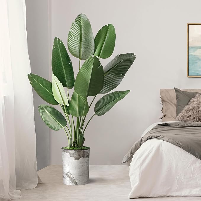 Artificial Tree in Gray Marble Effect Planter, Fake Bird of Paradise Silk Trees for Indoor and Outdoor Home Decoration - 58" Overall Tall (Plant Pot Plus Tree)