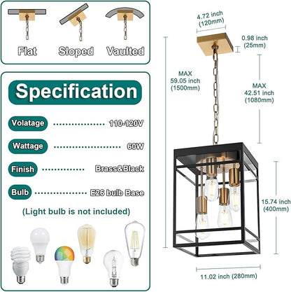 Large Outdoor Pendant Light Fixture for Porch, Black Brass Outdoor Hanging Lantern Pendant Light with Clear Glass, 4 Lights Exterior Porch Chandelier for Outside Patio,Front Door,Enterway