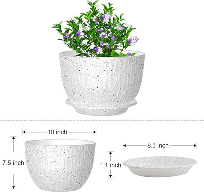 10 inch Large Plant Pots, Flower Pots with Multi-Mesh Drainage Holes and Saucer, Plastic Planters for Indoor and Outdoor Garden Plants (Speckled White, 10")