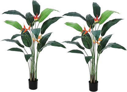 6ft Artificial Bird of Paradise Plant, Tall Faux Plants with 14 Faux Leaves and 3 Blooming Flowers, Artificial Plants Indoor with Black Nursery Pot for Home Decor Office Living Room 2 Pack