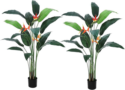 6ft Artificial Bird of Paradise Plant, Tall Faux Plants with 14 Faux Leaves and 3 Blooming Flowers, Artificial Plants Indoor with Black Nursery Pot for Home Decor Office Living Room 2 Pack