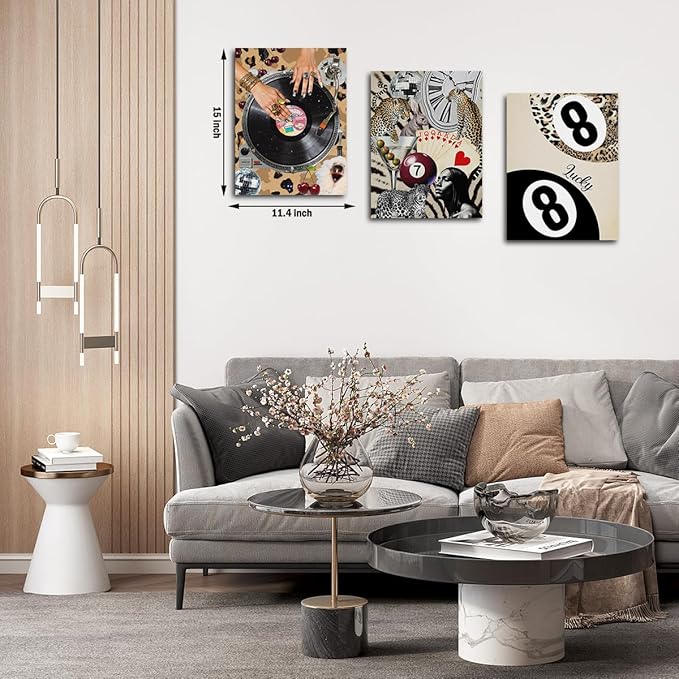 Trendy Leopard Print Framed Canvas Wall Art Set of 3, Vintage Vinyl Record Cheetah Wall Decor Aesthetic, Funky Lucky 8 Ball Picture Trendy Decor for Home Living Room Bathroom, 11.4"x15"