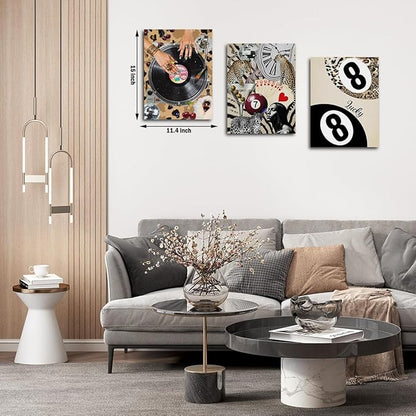 Trendy Leopard Print Framed Canvas Wall Art Set of 3, Vintage Vinyl Record Cheetah Wall Decor Aesthetic, Funky Lucky 8 Ball Picture Trendy Decor for Home Living Room Bathroom, 11.4"x15"