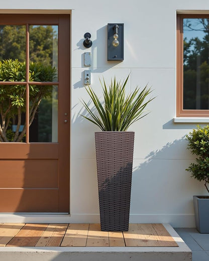 Greesum 24 Inch Tall Plastic Planters with Rattan Texture – Set of 2, Detachable Inner Pot & Drainage Holes, Indoor/Outdoor Decorative Flower Pots for Large Plants, Trees, Patio, and Garden, Brown