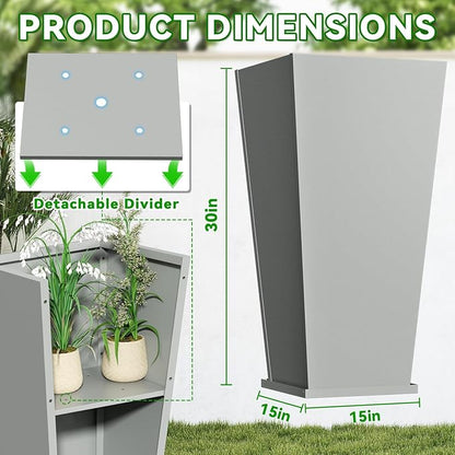 Tall Metal Planter Box, 15" L x 15" W x 30" H 2-Pack Outdoor Planters with Removable Tray, Heavy Duty Steel Front Porch Planters for Patio, Balcony, Indoor(Gray)