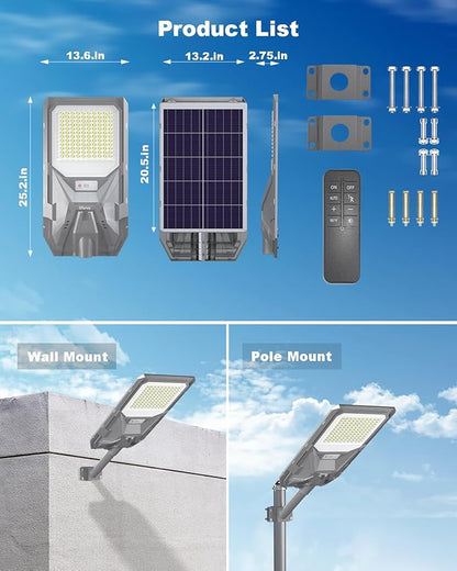 Ofuray Of-4000W Solar Street Lights Outdoor,24,000Mah High Power Solar Security Flood Lights Parking Lot Lights Commercial Dusk to Dawn, 6500k ip67 with Motion Sensor for Street,Court,Barn