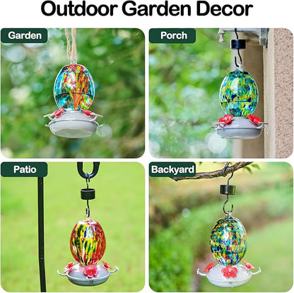 Muse Garden Hand Blown Glass Hummingbird Feeder - 19OZ Plastic Base Humming Bird Feeders for Outdoors Hanging, Garden Decor Gifts for Bird Lovers, Blue Polka Dots