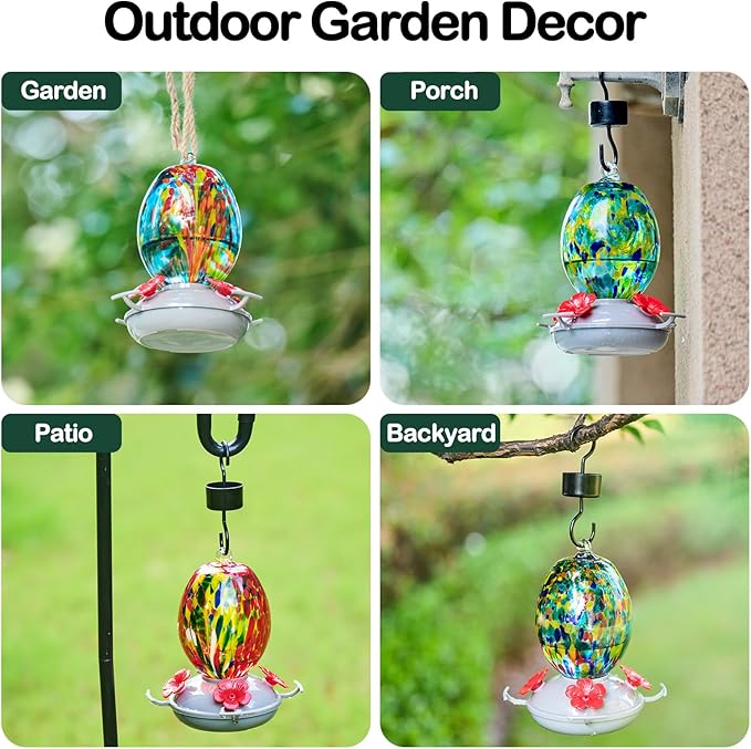 Muse Garden Hand Blown Glass Hummingbird Feeder - 19OZ Plastic Base Humming Bird Feeders for Outdoors Hanging, Garden Decor Gifts for Bird Lovers, Red Phoenix