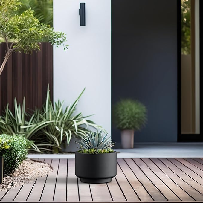 Kante 10 Inch Dia Concrete Planter, Round Pedestal Design Garden Pot for Indoor Outdoor Plants, Modern Flower Pot with Drainage Hole and Rubber Plug, Black