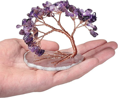 mookaitedecor Natural Amethyst Crystal Money Tree Agate Slice Base Feng Shui Bonsai Crystal Tree for Wealth Luck Desk Decor, 3-4 Inch High