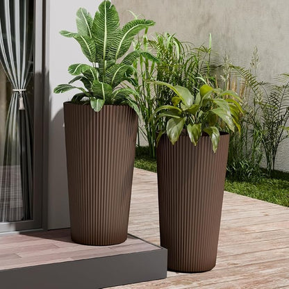 Tall Outdoor Planter Set of 2-23.6" Large Striped Plastic Flower Pots, Decorative Indoor/Outdoor Planters for Porch, Patio, Balcony & Garden, Brown