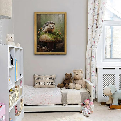 SAMHOU Framed Hedgehog Decor Painting, 3D Textured Hand Drawn Sandstone Wall Art, Vintage Rustic Woodland Cottagecore Wall Decor, Cute Animal Nursery Print Oil Paintings 12''x16''