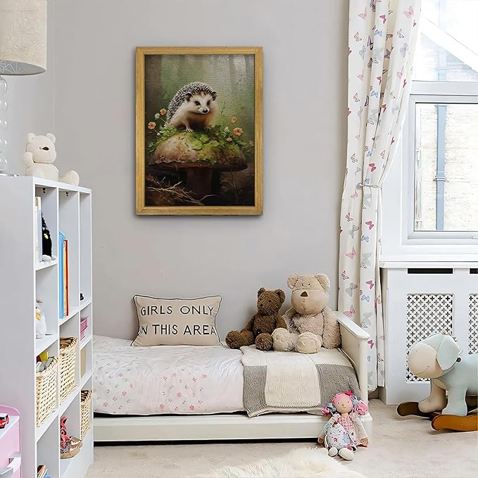 SAMHOU Framed Hedgehog Decor Painting, 3D Textured Hand Drawn Sandstone Wall Art, Vintage Rustic Woodland Cottagecore Wall Decor, Cute Animal Nursery Print Oil Paintings 16''x24''