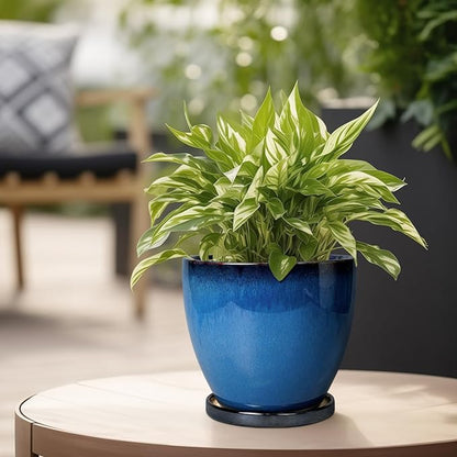 Ceramic Planters for Indoor Plants - 6.8 Inch Plant Pot with Drainage Hole and Saucer Round Modern Planter Home Garden Patio Decor Blue