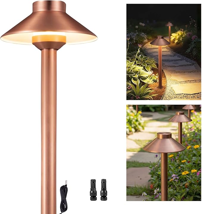 Gardenreet Brass Path Lights Copper, Low Voltage LED Landscape Pathway Lights, 12V Outdoor Waterproof Landscape Lighting(Hat) for Walkway Driveway Garden Yard Without G4 Bulb