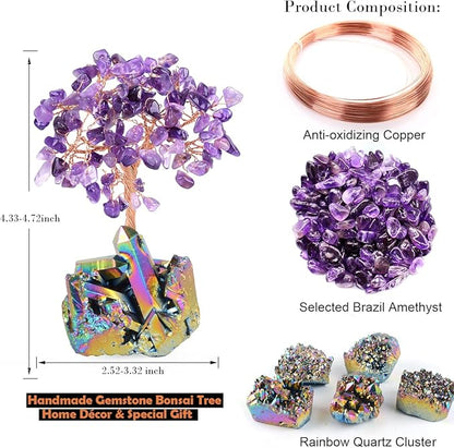 Natural Amethyst Decor Crystal Tree of Life Quartz Rainbow Tatinium Base Healing Crystals Feng Shui Bonsai Handmade Money Tree for Wealth and Luck