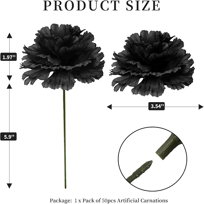 Silk Carnation Flower, 50 Artificial Flowers, Used for Wedding Decoration DIY Handmade Flowers, Carnation Flower Diameter 3.5 Inches and 6 Inches Stem (Black)
