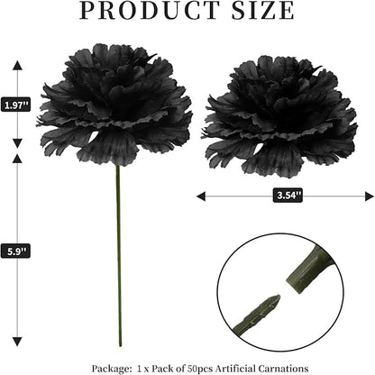 Silk Carnation Flower, 50 Artificial Flowers, Used for Wedding Decoration DIY Handmade Flowers, Carnation Flower Diameter 3.5 Inches and 6 Inches Stem (Black)