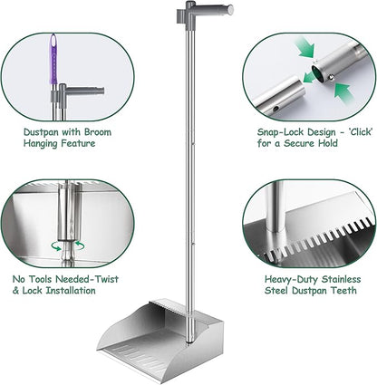 Dust Pans with Long Handle,Heavy Duty Metal Dust Pan with Handle,Upright Stand Up Dustpan with Dust Pan Teeth to Clean Hair for Home Kitchen Office Lobby Floor Garden
