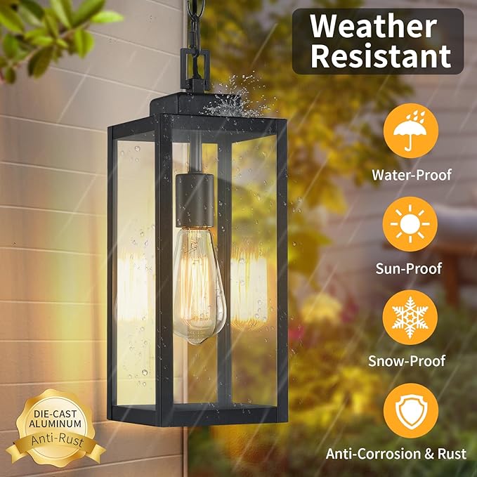 15'' Large Outdoor Pendant Light, Modern Outside Chandelier Outdoor Hanging Lantern Light, Matte Black with Clear Glass, Exterior Pendant Lighting Fixture Ceiling Mount for Porch, Gazebo, 1Pack
