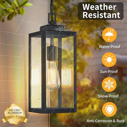 15'' Large Outdoor Pendant Light, Modern Outside Chandelier Outdoor Hanging Lantern Light, Matte Black with Clear Glass, Exterior Pendant Lighting Fixture Ceiling Mount for Porch, Gazebo, 1Pack