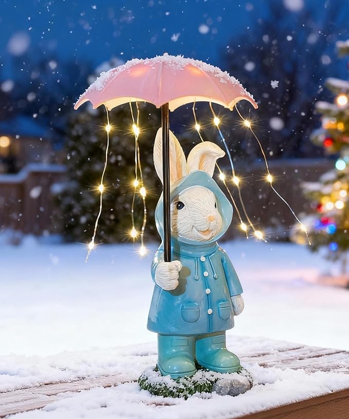 Solar Rabbit Garden Statue Outdoor Decor, Bunny Figurines Lights with Umbrella for Outside Yard Lawn Ornaments,Gifts for Mother's Day Birthday Easter Housewarming