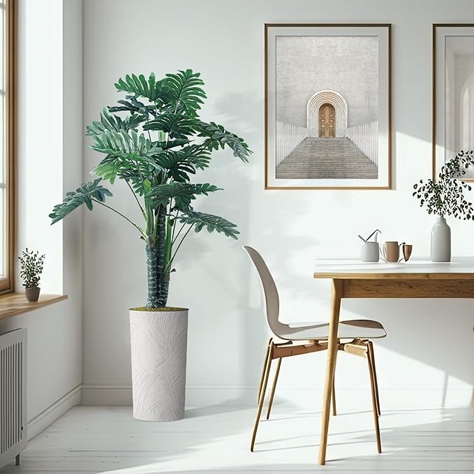 Artificial Tree in White Marble Effect Planter, Fake Philodendron Tree Silk Tree for Indoor and Outdoor Home Decoration - 70" Overall Tall (Plant Pot Plus Tree)