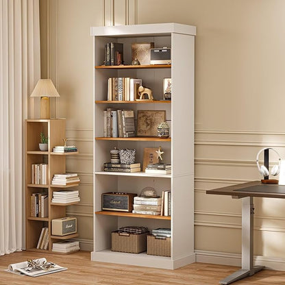 Vyre 70.8" Tall White Bookshelf, Farmhouse Modular Bookcase with 6-Tier Adjustable Shelves, Large Storage Cabinet for Home Office, Living Room