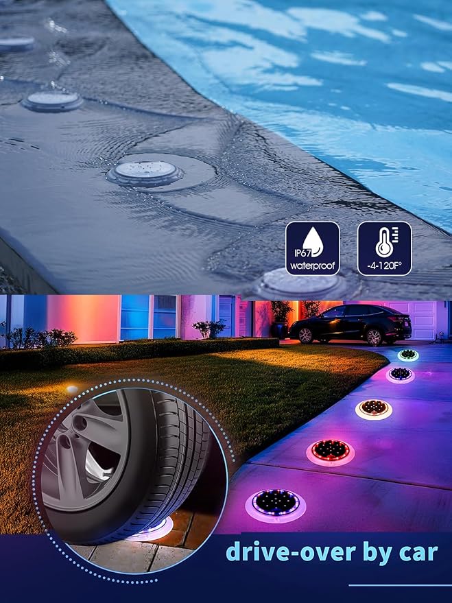 Solar Dock Lights, Color Changing 48 LEDs Super Bright Disc Driveway Light, Outdoor Waterproof Flat Low Profile, Anti-Trip&Anti-Slip for Marine, Ground, Pool, Pier, Deck (RGB-W, 8Pack)