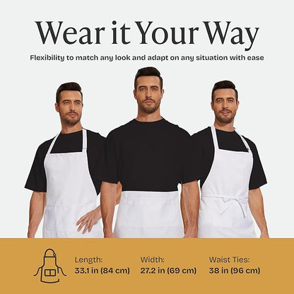 Will Well Kitchen Apron for Men and Women - 33" x 27" Oil-and-Water-Resistant with Adjustable Neck Strap and 38" Waist Ties for a Snug Fit, Lightweight with 2 Front Pockets - 1-Pack, White
