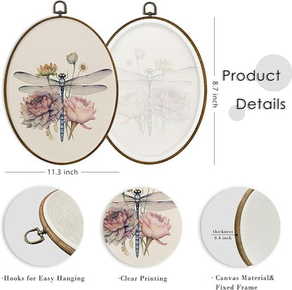MAQIKA Dragonfly Flower Oval Framed Wall Art Decor, Dragonfly Wall Art, Boho Botanical oval Wall Oval Decor, Vintage Dragonflies Canvas Prints Wall Art for Farmhouse Wall Bedroom,8.7x11.3 Inch