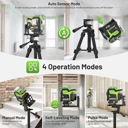 Huepar Laser Level 360 Self Leveling, Rechargeable High Brightness 4x360° Green Cross Line Lazer Leveler Tool for Construction and Picture Hanging, Strong Magnetic Bracket&Hard Carry Case