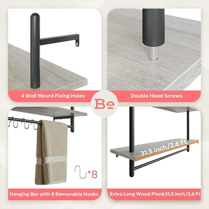 Bestier Pipe Shelf Industrial Floating Shelving 31" Kitchen Wall-Mounted Shelves with 8 Towel Bar Hooks Coffee Bar Shelf Wine Hanging Display Rack Bookshelf Living Room Decor Bathroom-Retro Grey