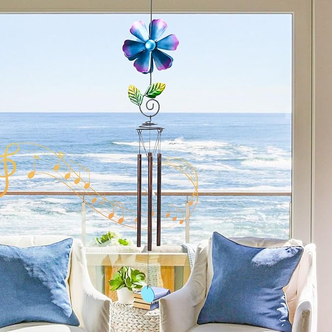 MUMTOP Wind Chimes for Outside Clearance - Garden Wind Chimes with Flower Wind Spinner, 33 Inch Deep Tone Metal Memorial Sympathy Windchimes for Patio Outdoor Porch Yard Decor Gifts(Blue)