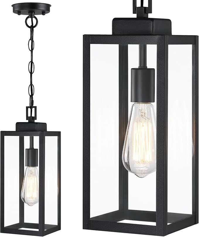 15'' Large Outdoor Pendant Light, Modern Outside Chandelier Outdoor Hanging Lantern Light, Matte Black with Clear Glass, Exterior Pendant Lighting Fixture Ceiling Mount for Porch, Gazebo, 1Pack