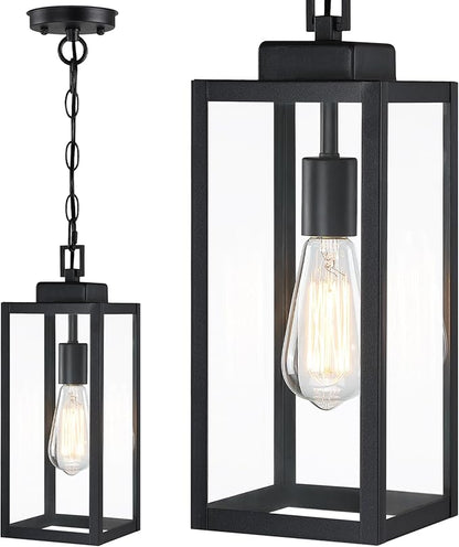 15'' Large Outdoor Pendant Light, Modern Outside Chandelier Outdoor Hanging Lantern Light, Matte Black with Clear Glass, Exterior Pendant Lighting Fixture Ceiling Mount for Porch, Gazebo, 1Pack