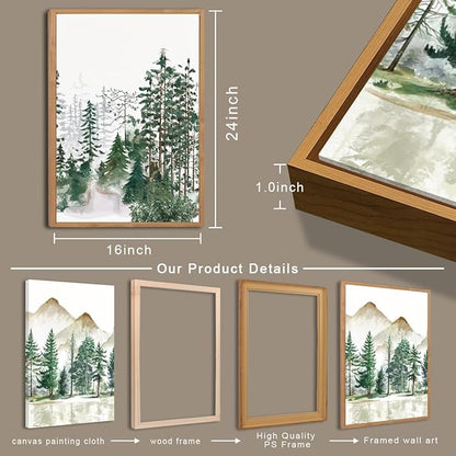 ANHUIB Large Framed Mountain Wall Art Watercolor Forest Landscape Painting Green Nature Prints Art Rustic Wall Decor Set of 3 for Living Room Bedroom Office 16x24 Inch