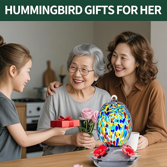 Muse Garden Hand Blown Glass Hummingbird Feeder - 19OZ Plastic Base Humming Bird Feeders for Outdoors Hanging, Garden Decor Gifts for Bird Lovers, Blue Polka Dots
