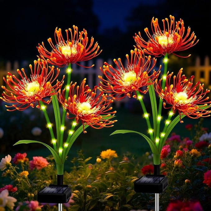 Solar Garden Flower Lights Outdoor,2 Pack 6-Head Orange Spider Lily Waterproof with Glowing Stems,Elegant Yard & Patio Decor,Ideal Thanksgiving,Christmas & Gardening Gifts for Women,Mothers & Grandma